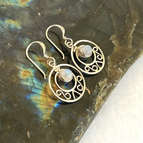 Sterling Silver 925 Round Moonstone Cabochon Round Scrollwork Dangle Earrings - Picture 7 of 16